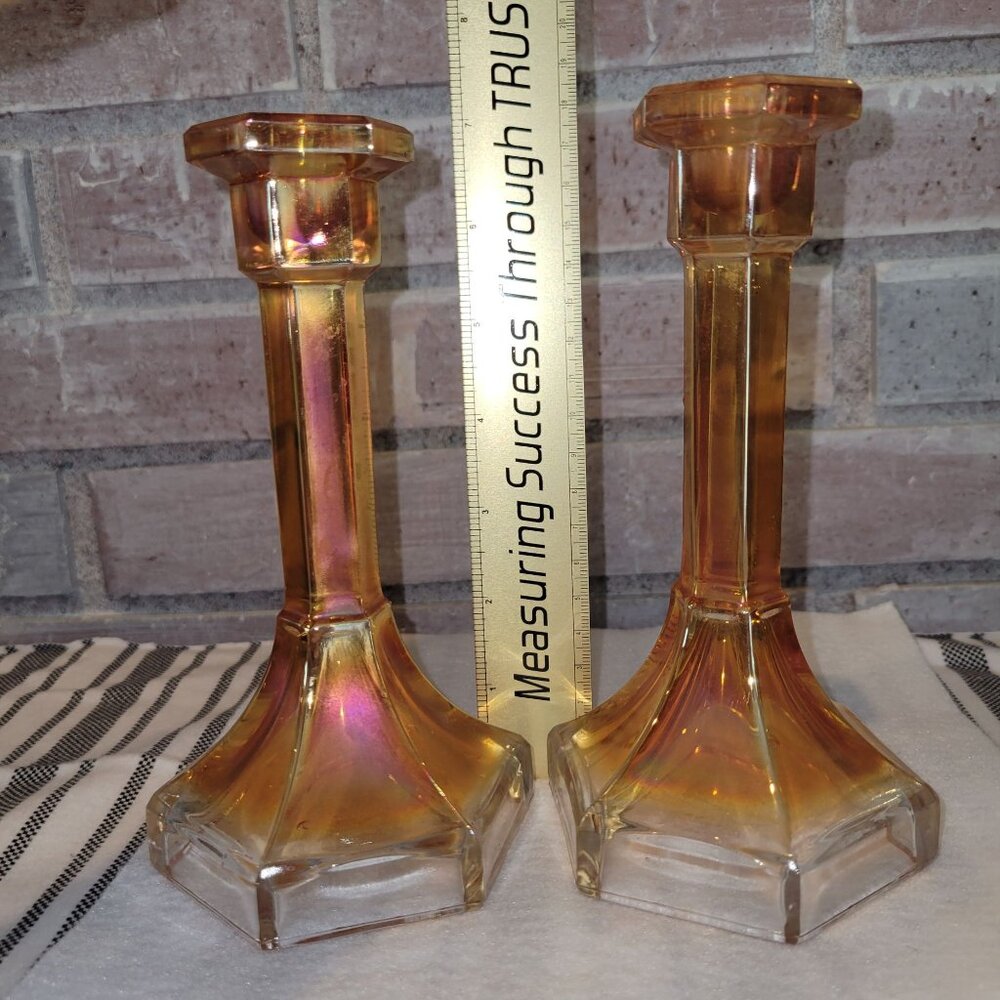 Iridescent Amber Glass Candlestick Holders - Pair - Picture 5 of 9